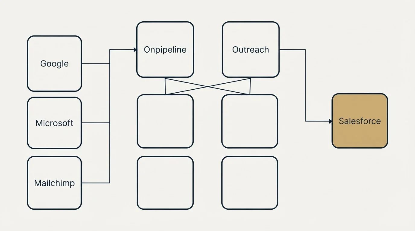 Integration grid: Integration Ecosystem (Onpipeline, Outreach, Google, Salesforce)