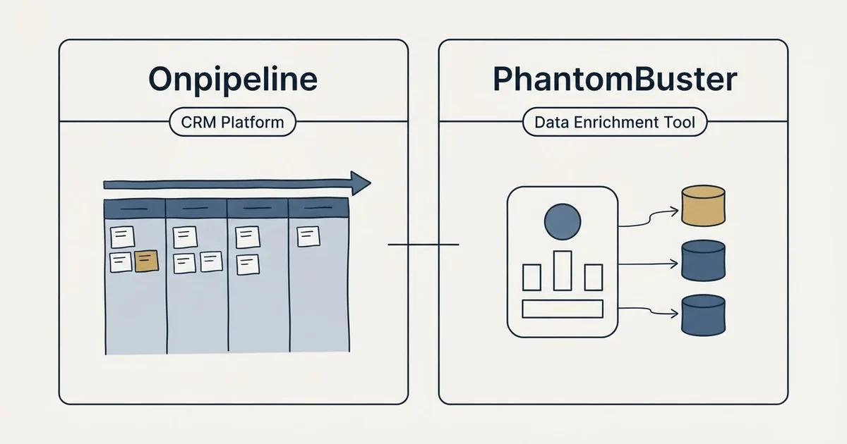 Side-by-side panels: Onpipeline vs PhantomBuster (CRM Platform, Data Enrichment Tool)