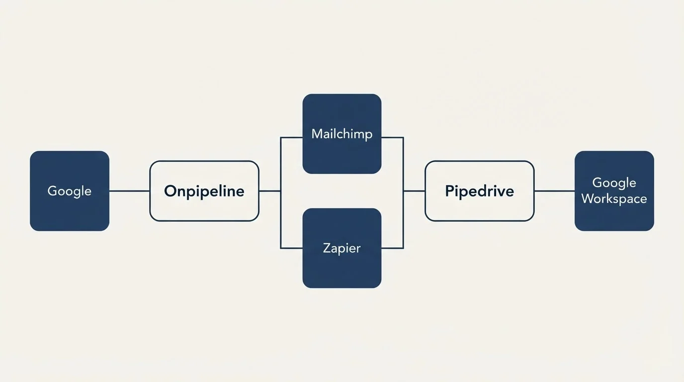 Integration flow: Integration Ecosystem (Onpipeline, Pipedrive, Mailchimp, Zapier)