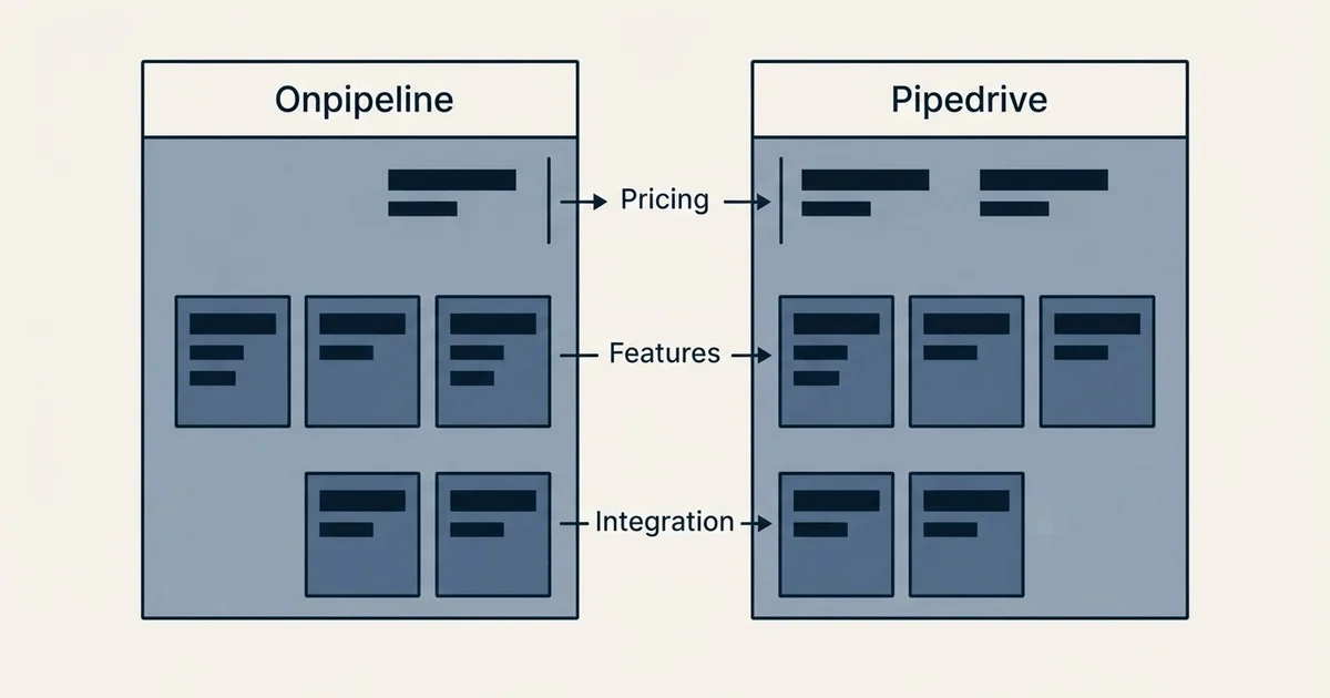 Comparison panel: Onpipeline vs Pipedrive (Pricing, Features, Integration)