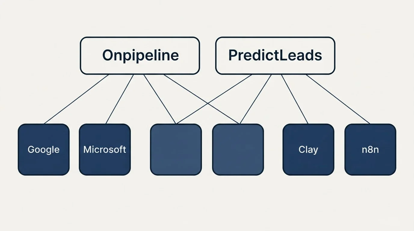 Integration grid: Integration Ecosystem (Onpipeline, PredictLeads, Google, Clay)