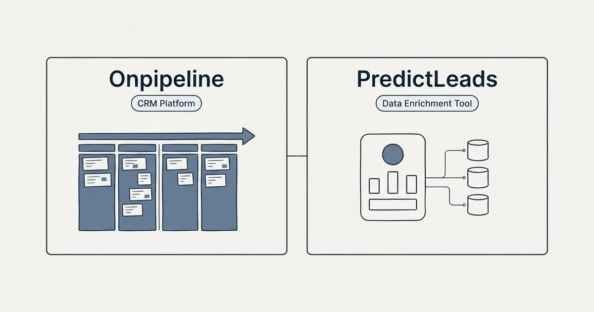 Side-by-side panels: Onpipeline vs PredictLeads (CRM Platform, Data Enrichment Tool)