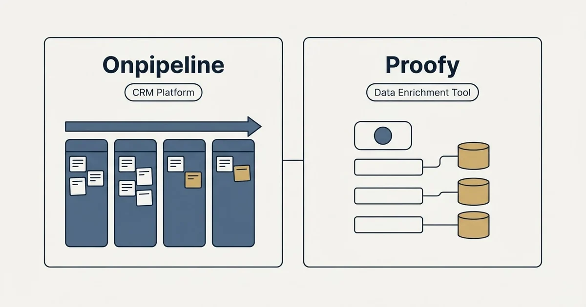 Side-by-side panels: Onpipeline vs Proofy (CRM Platform, Data Enrichment Tool)
