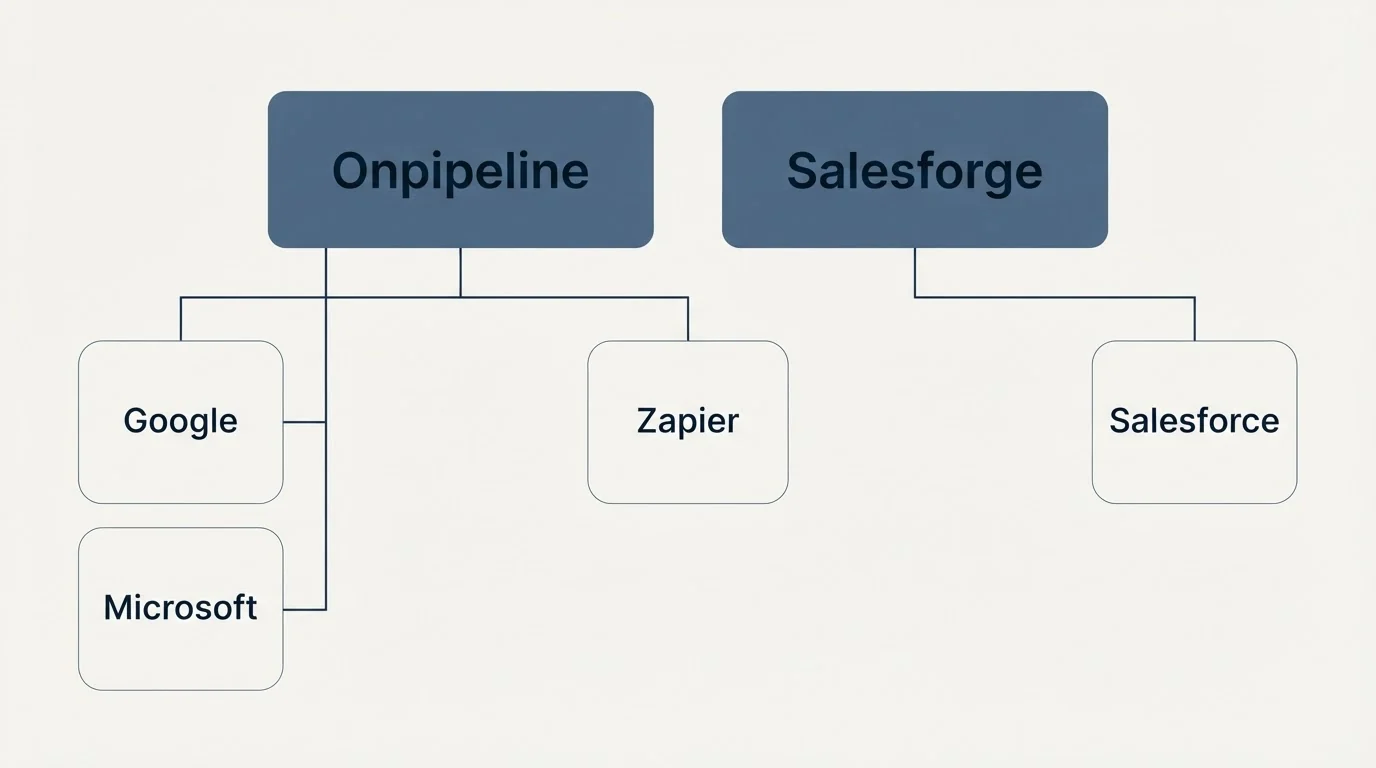Integration grid: Integration Ecosystem (Onpipeline, Salesforge, Zapier, Google)
