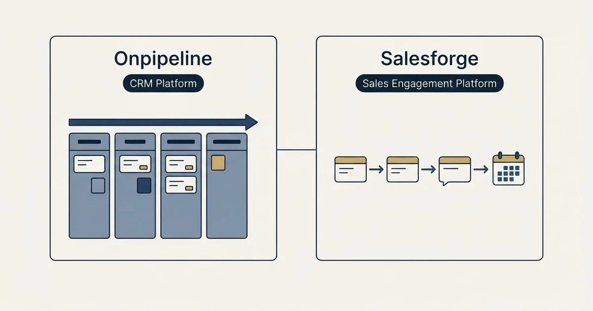 Side-by-side panels: Onpipeline vs Salesforge (CRM Platform, Sales Engagement Platform)