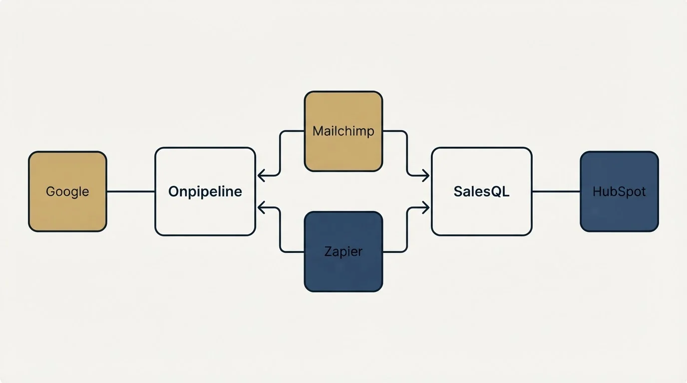 Integration flow: Integration Ecosystem (Onpipeline, SalesQL, Mailchimp, Zapier)
