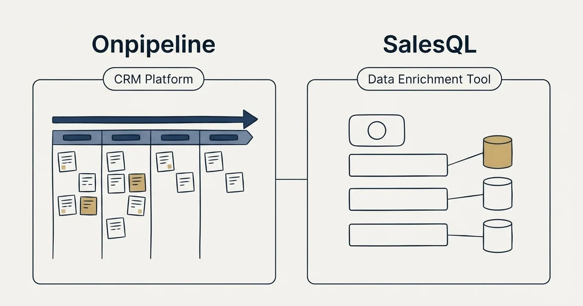 Side-by-side panels: Onpipeline vs SalesQL (CRM Platform, Data Enrichment Tool)