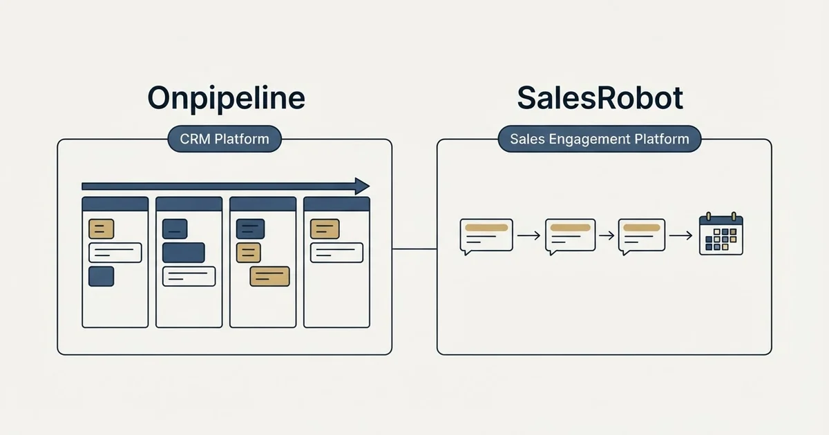 Side-by-side panels: Onpipeline vs SalesRobot (CRM Platform, Sales Engagement Platform)