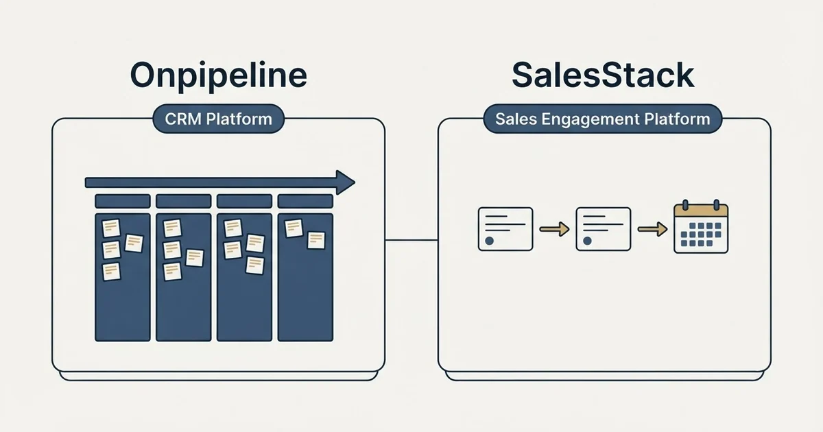 Side-by-side panels: Onpipeline vs SalesStack (CRM Platform, Sales Engagement Platform)