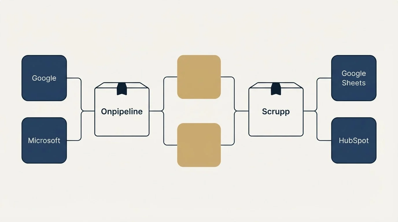 Integration flow: Integration Ecosystem (Onpipeline, Scrupp, Google, Google Sheets)