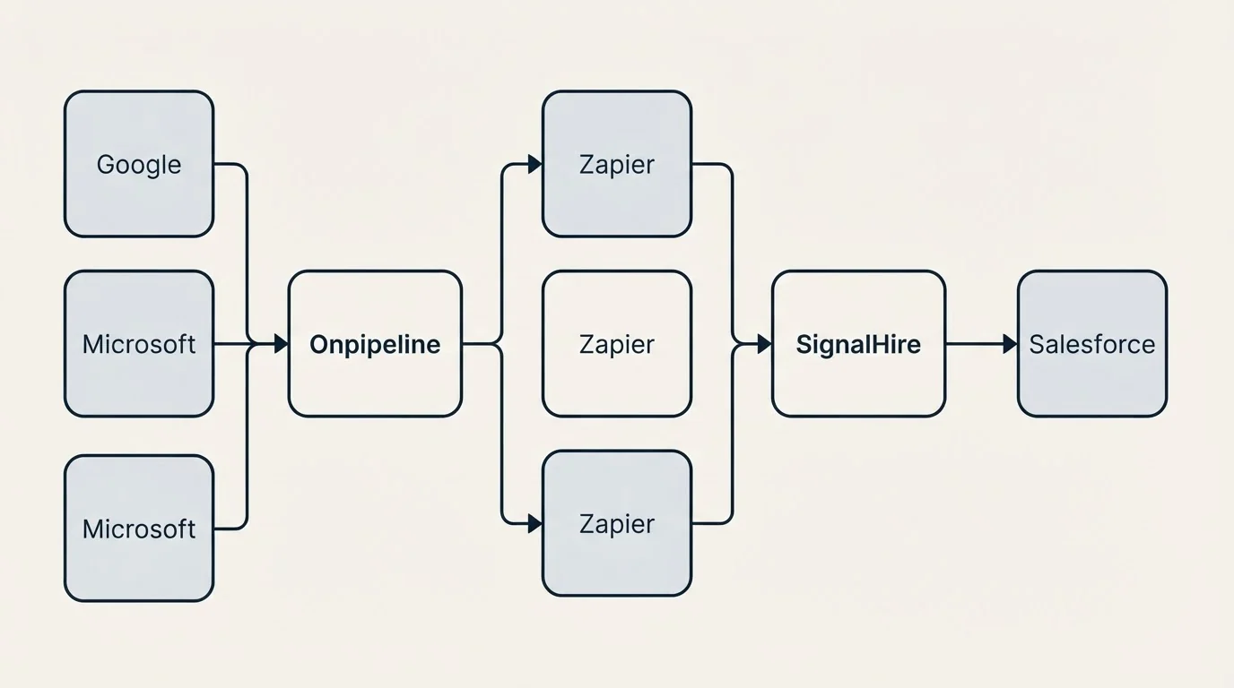 Integration flow: Integration Ecosystem (Onpipeline, SignalHire, Zapier, Google)