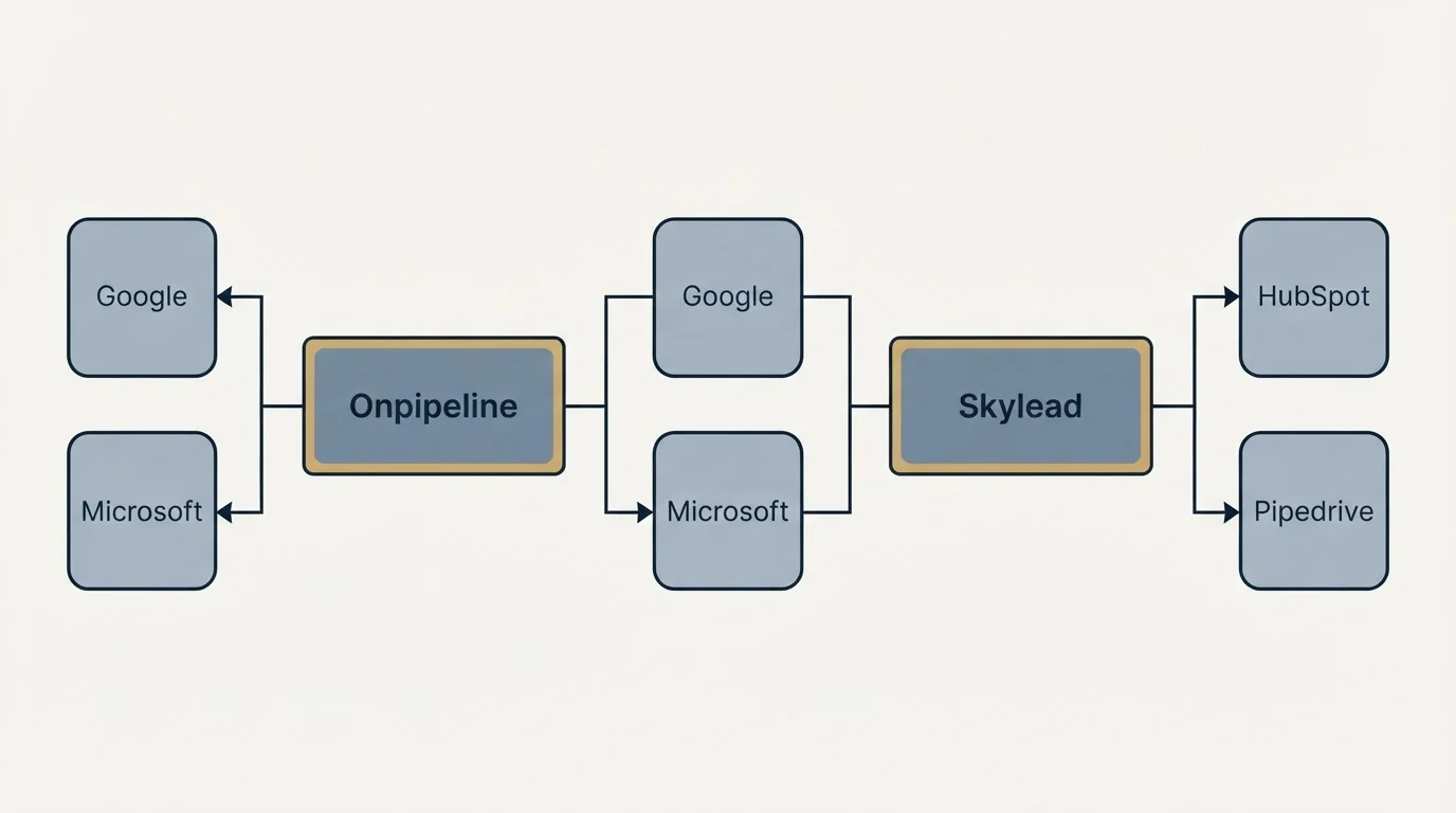 Integration flow: Integration Ecosystem (Onpipeline, Skylead, Google, HubSpot)