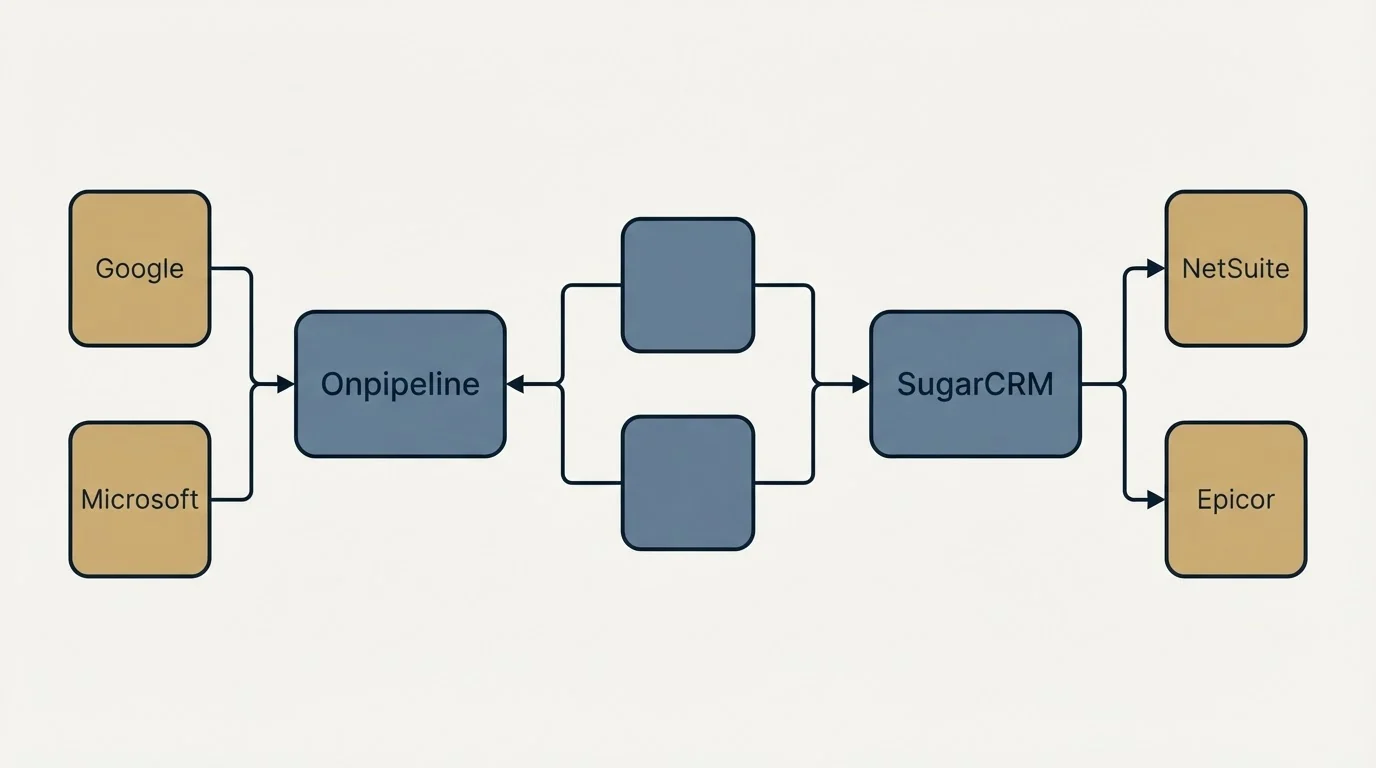 Integration schematic: Integration Ecosystem (Onpipeline, SugarCRM, Google, NetSuite)