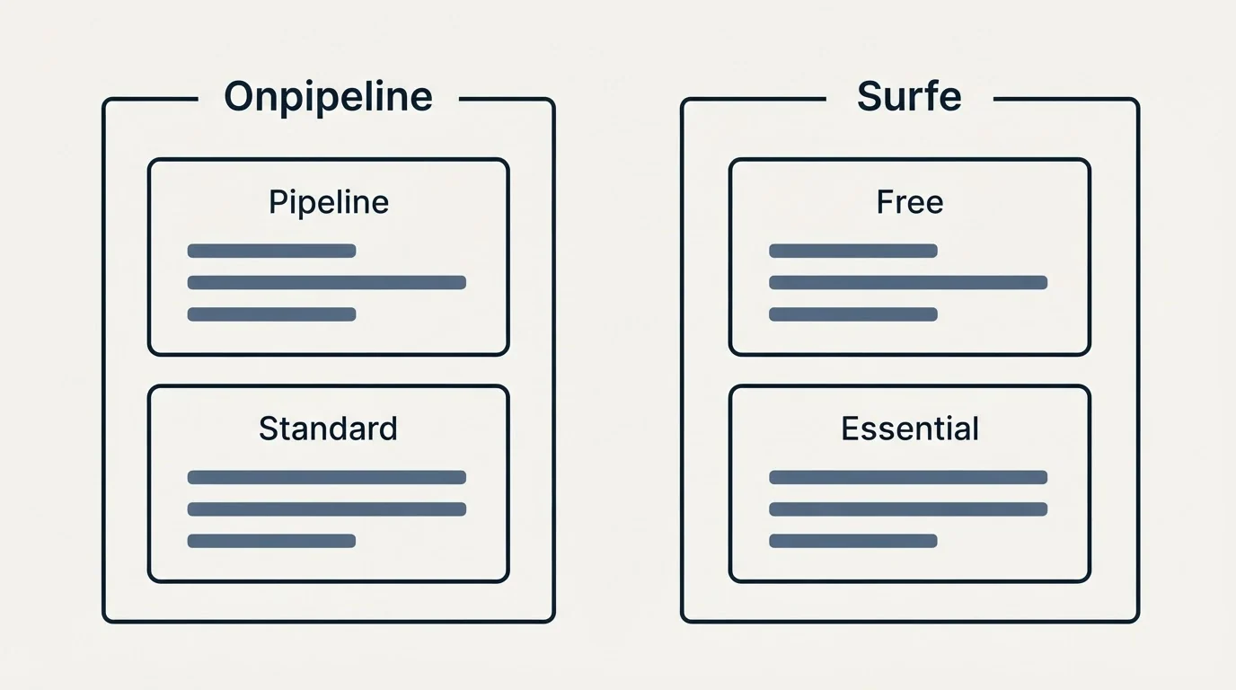 Pricing panels: Pricing Comparison (Onpipeline, Surfe, Pipeline, Free)