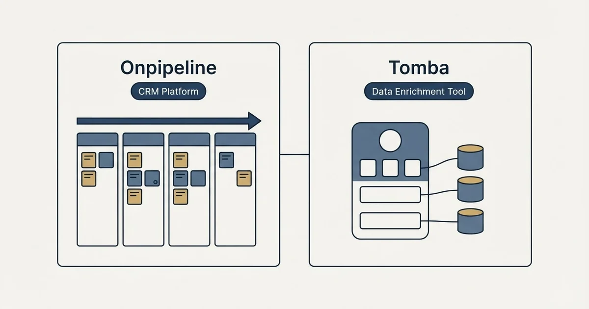 Side-by-side panels: Onpipeline vs Tomba (CRM Platform, Data Enrichment Tool)