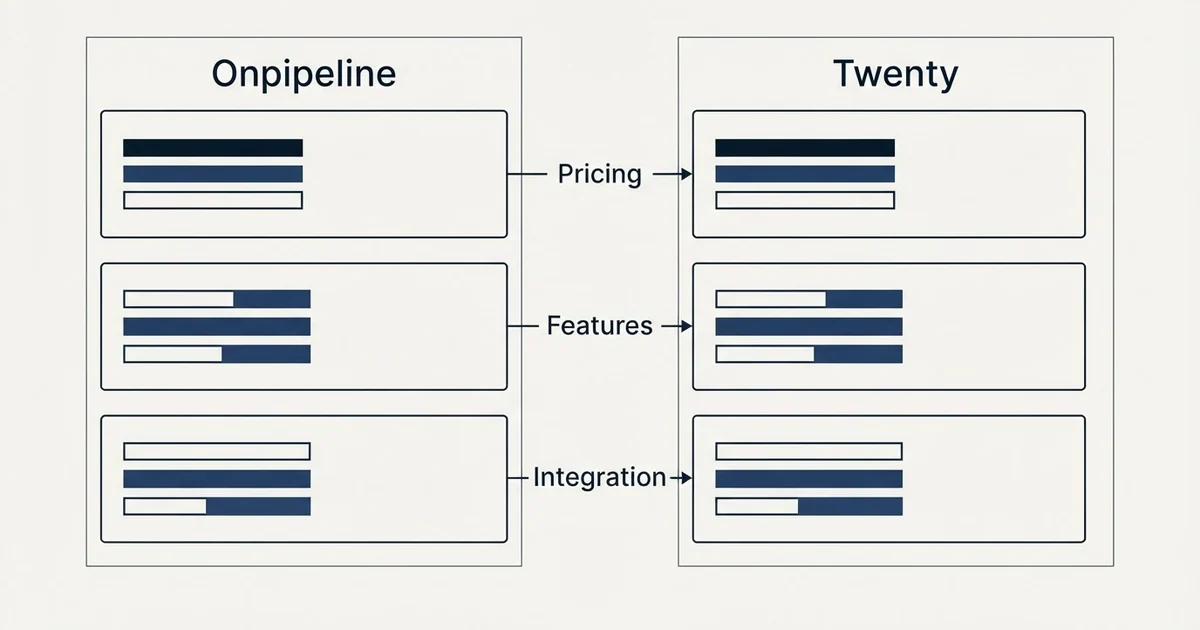 Comparison panel: Onpipeline vs Twenty (Pricing, Features, Integration)