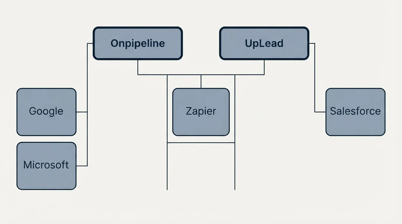 Integration grid: Integration Ecosystem (Onpipeline, UpLead, Zapier, Google)