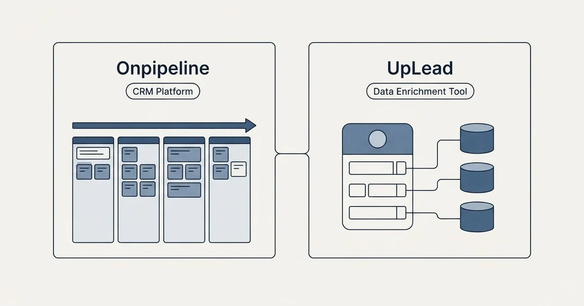 Side-by-side panels: Onpipeline vs UpLead (CRM Platform, Data Enrichment Tool)