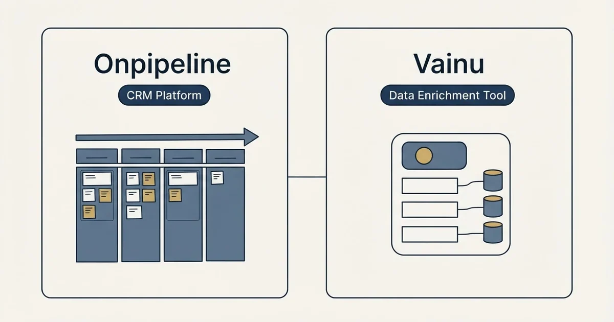 Side-by-side panels: Onpipeline vs Vainu (CRM Platform, Data Enrichment Tool)