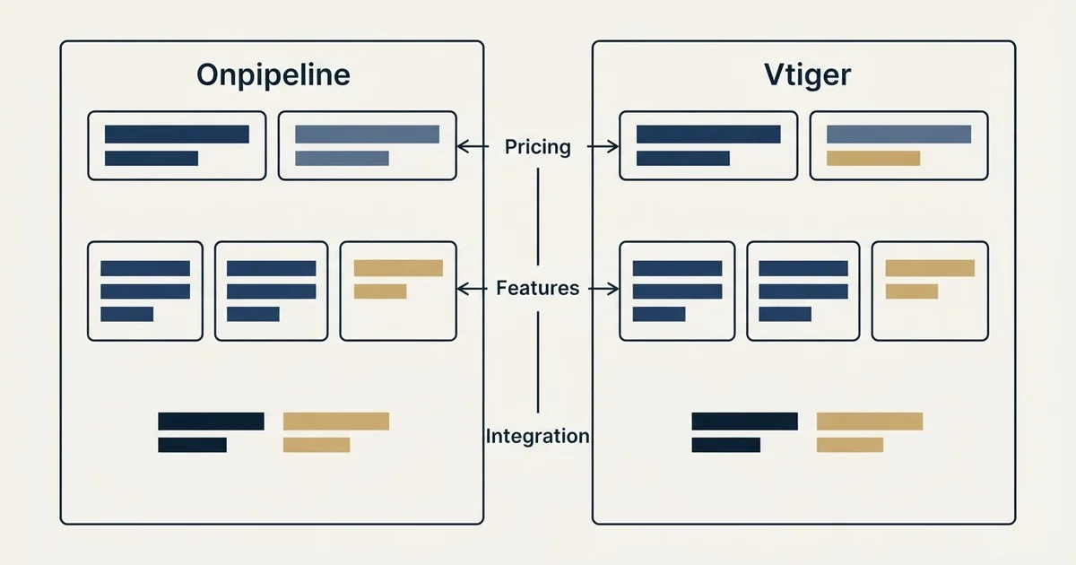 Comparison panel: Onpipeline vs Vtiger (Pricing, Features, Integration)