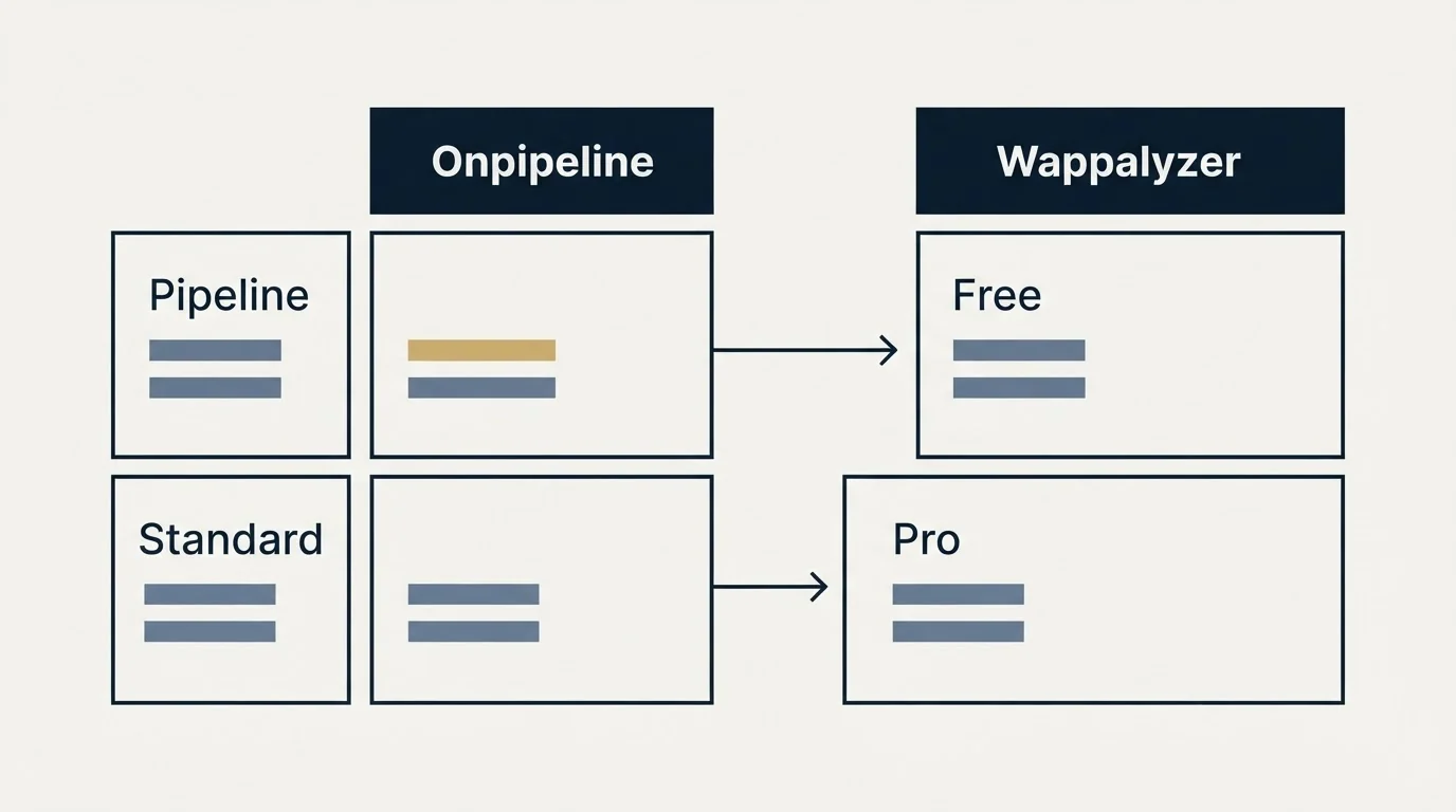 Pricing table: Pricing Comparison (Onpipeline, Wappalyzer, Pipeline, Free)
