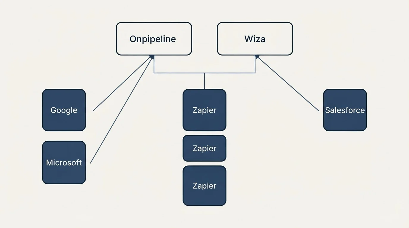Integration grid: Integration Ecosystem (Onpipeline, Wiza, Zapier, Google)