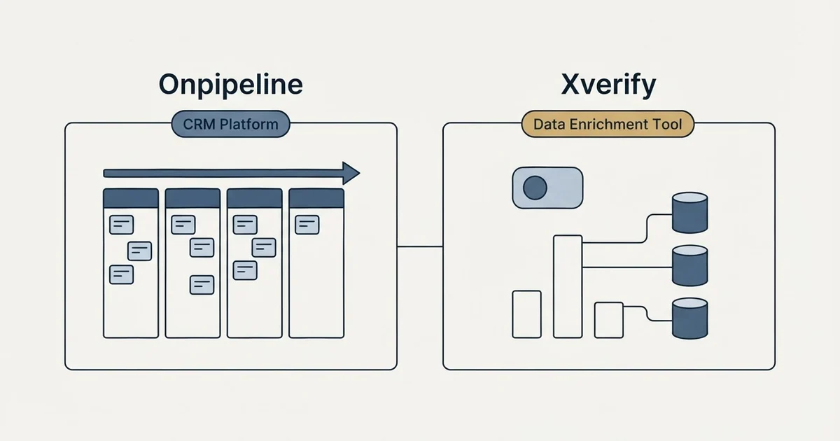 Side-by-side panels: Onpipeline vs Xverify (CRM Platform, Data Enrichment Tool)