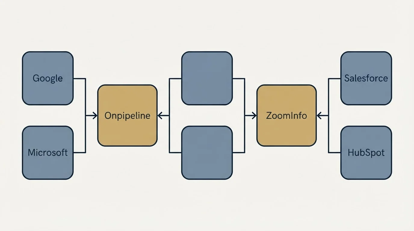 Integration flow: Integration Ecosystem (Onpipeline, ZoomInfo, Google, Salesforce)