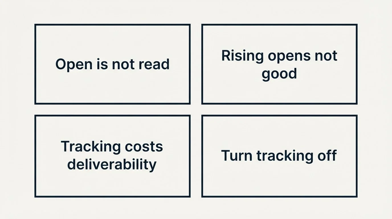 Schematic: Where the textbook definition misleads (Open is not read, Rising opens not good, Tracking costs deliverability, Turn tracking off)