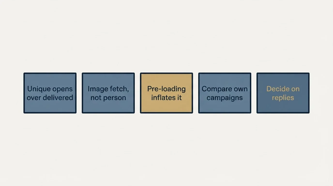 Schematic: The short version (Unique opens over delivered, Image fetch, not person, Pre-loading inflates it, Compare own campaigns)