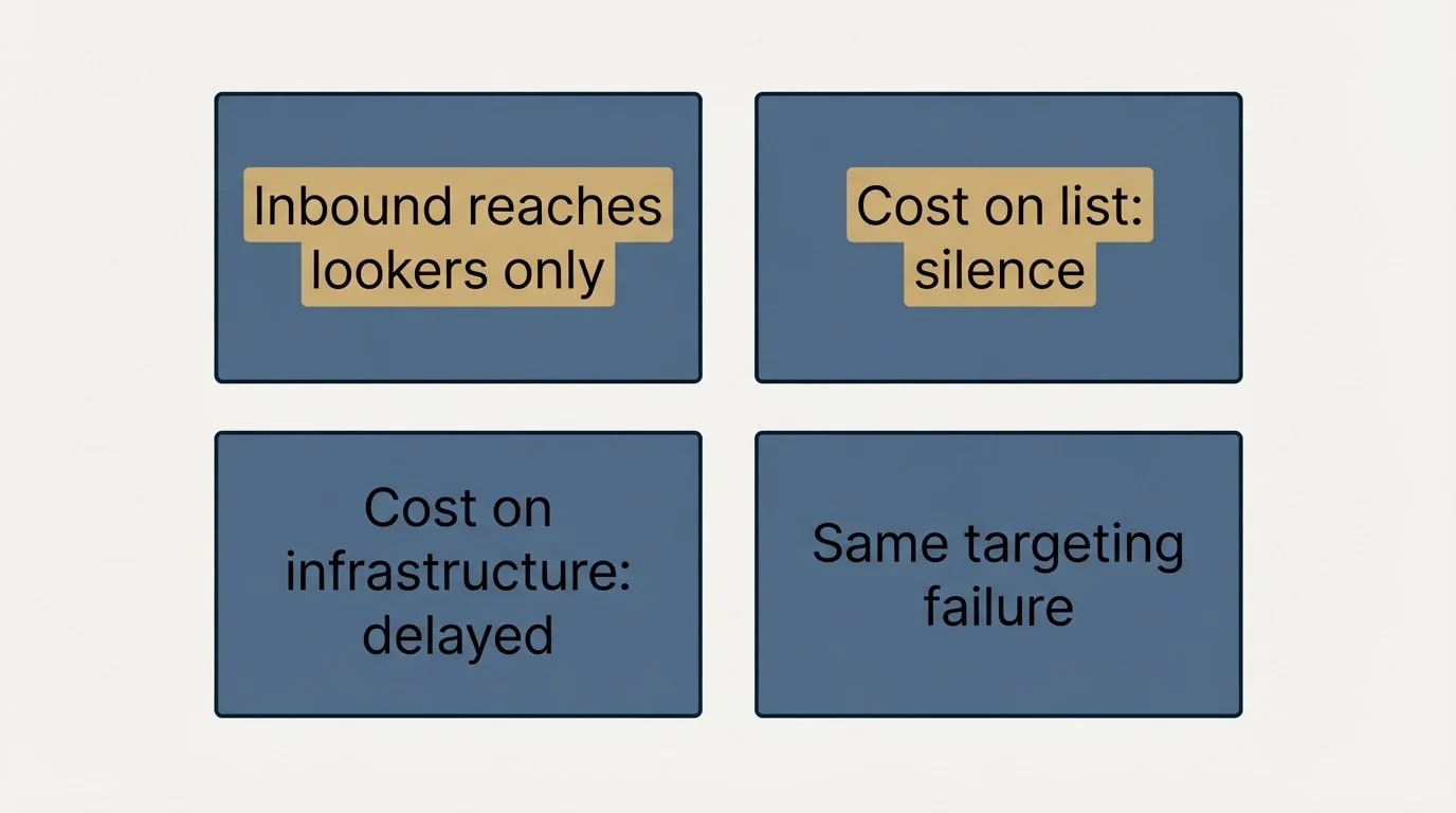 Schematic: Why it matters (Inbound reaches lookers only, Cost on list: silence, Cost on infrastructure: delayed, Same targeting failure)