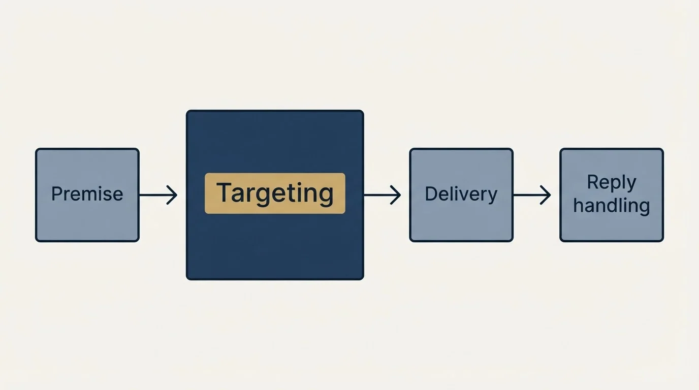 Schematic: The short version (Targeting, Premise, Delivery, Reply handling)
