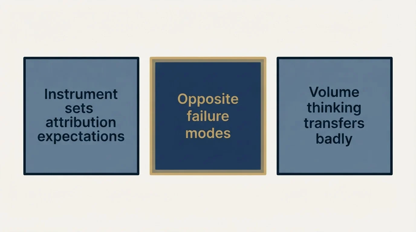 Schematic: Why the definition matters (Instrument sets attribution expectations, Opposite failure modes, Volume thinking transfers badly)