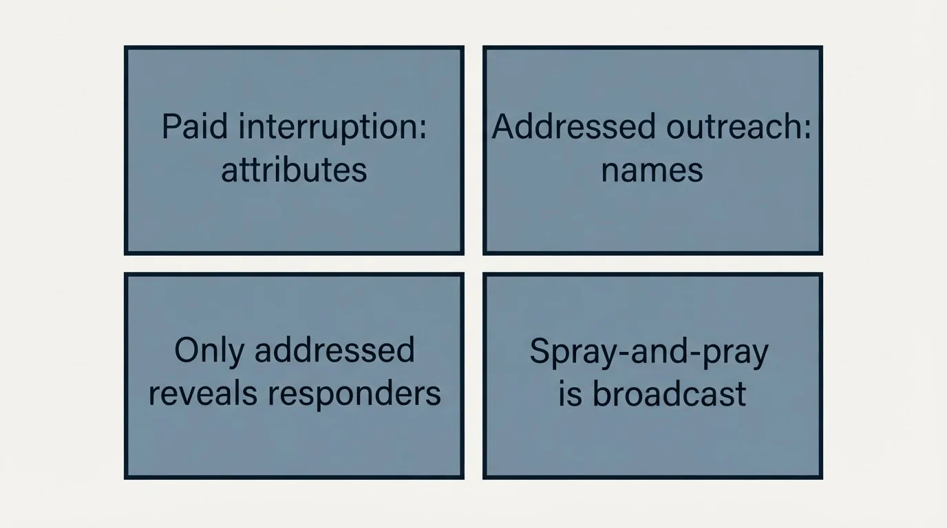 Schematic: The short version (Paid interruption: attributes, Addressed outreach: names, Only addressed reveals responders, Spray-and-pray is broadcast)