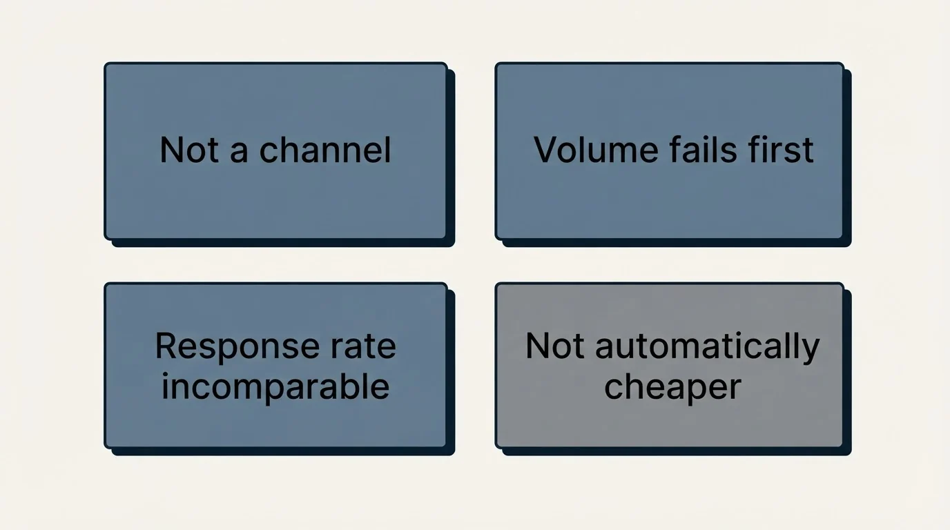 Schematic: Where the textbook definition misleads (Not a channel, Volume fails first, Response rate incomparable, Not automatically cheaper)