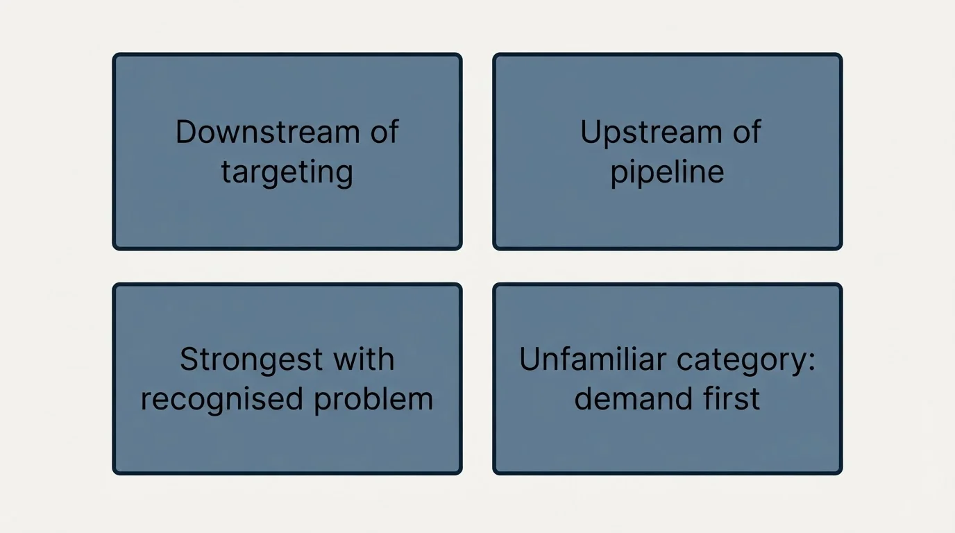 Schematic: How it is used alongside everything else (Downstream of targeting, Upstream of pipeline, Strongest with recognised problem, Unfamiliar category: demand first)