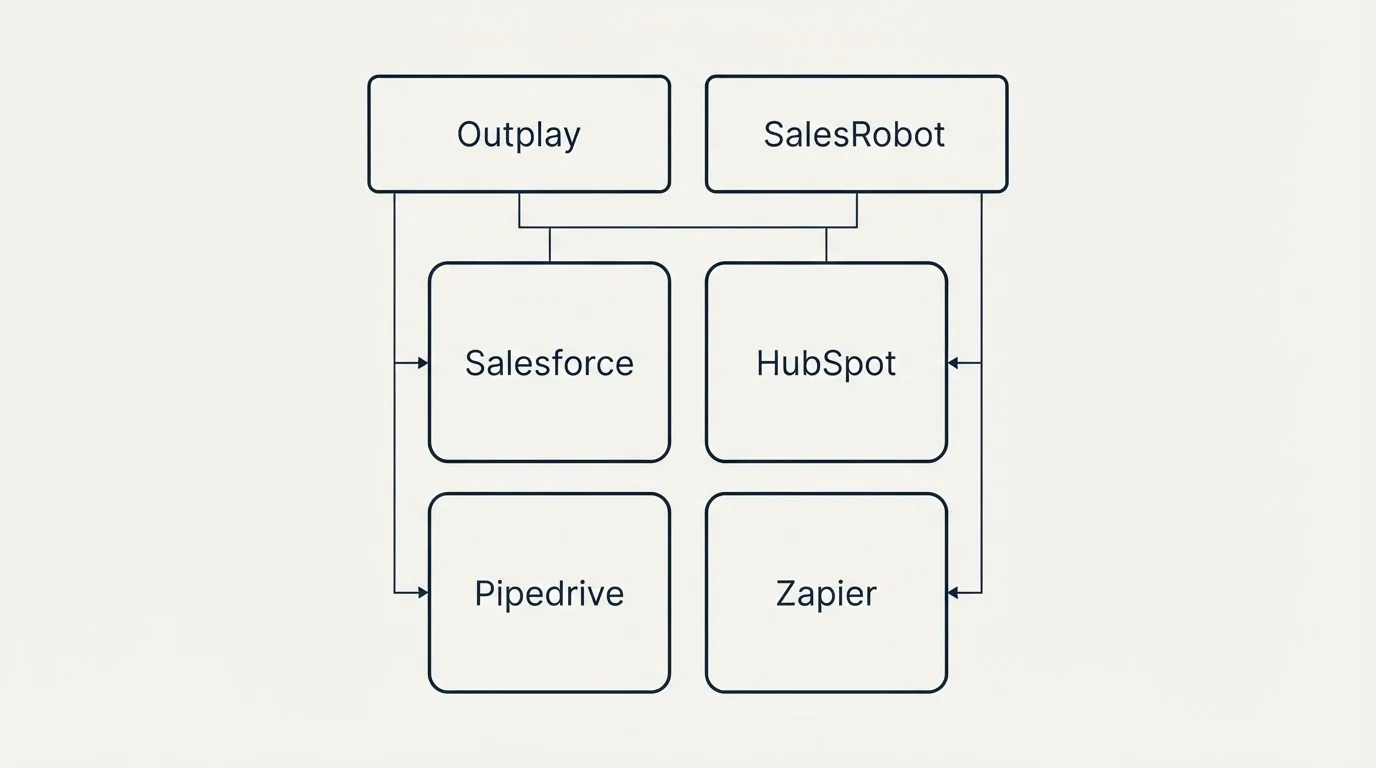 Integration grid: Integration Ecosystem (Outplay, SalesRobot, Salesforce, HubSpot)