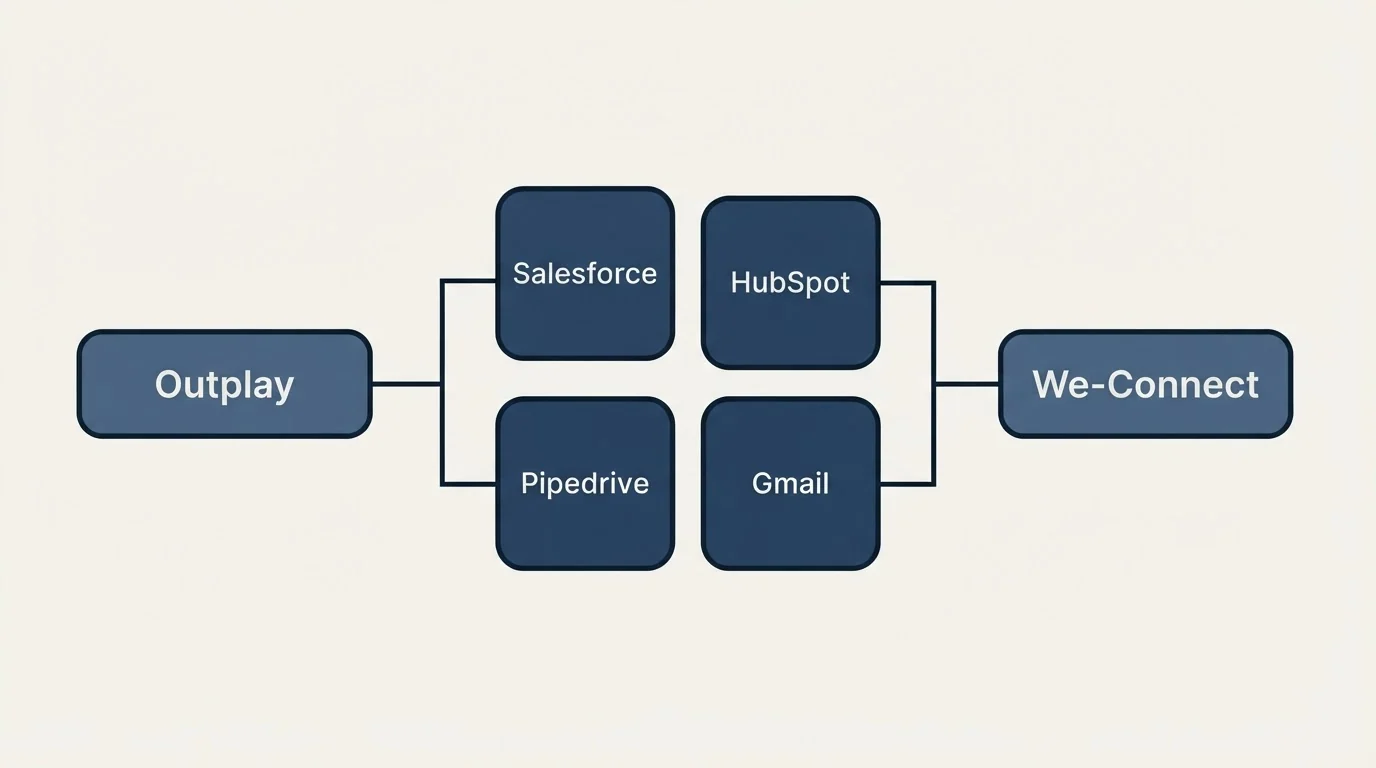 Integration schematic: Integration Ecosystem (Outplay, We-Connect, Salesforce, HubSpot)