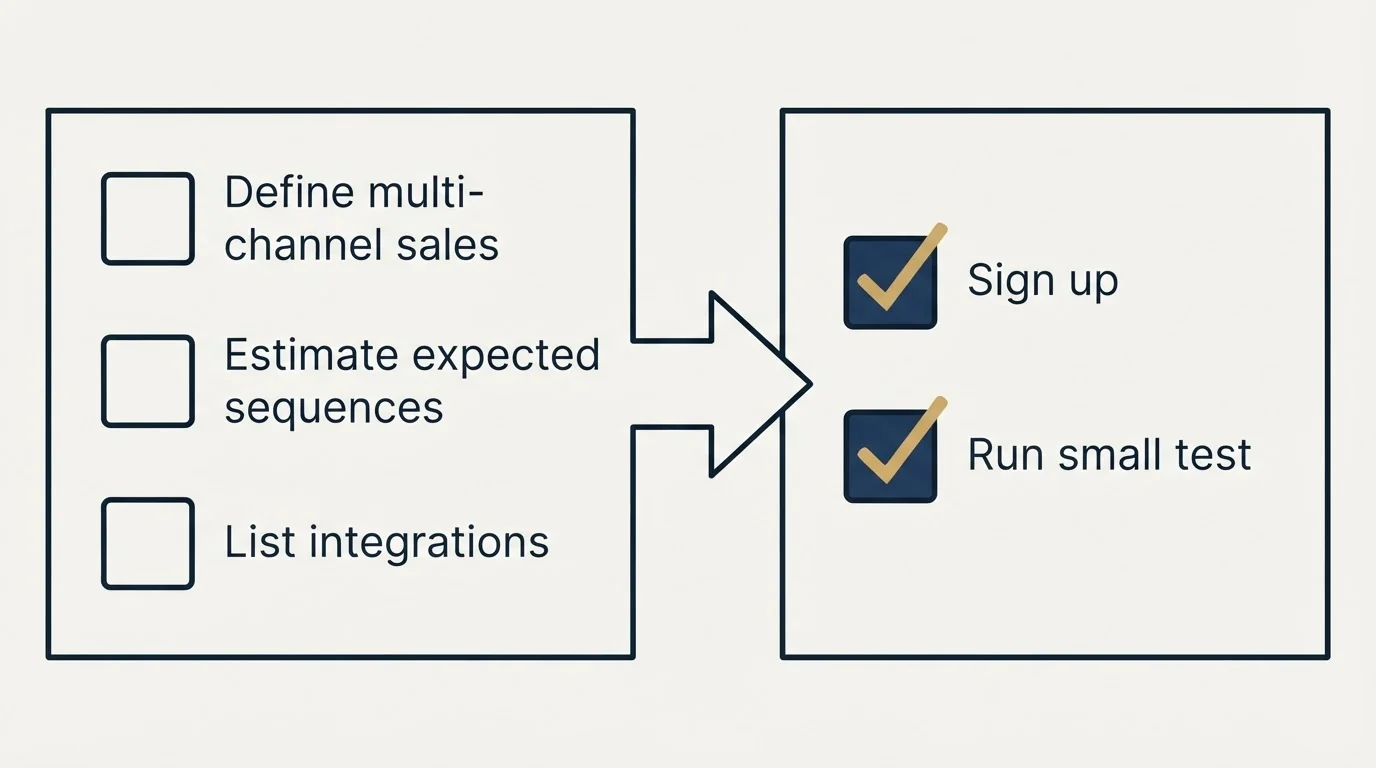 Before-and-after steps: Getting Started Checklist (Define multi-channel sales, Estimate expected sequences, List integrations, Sign up)