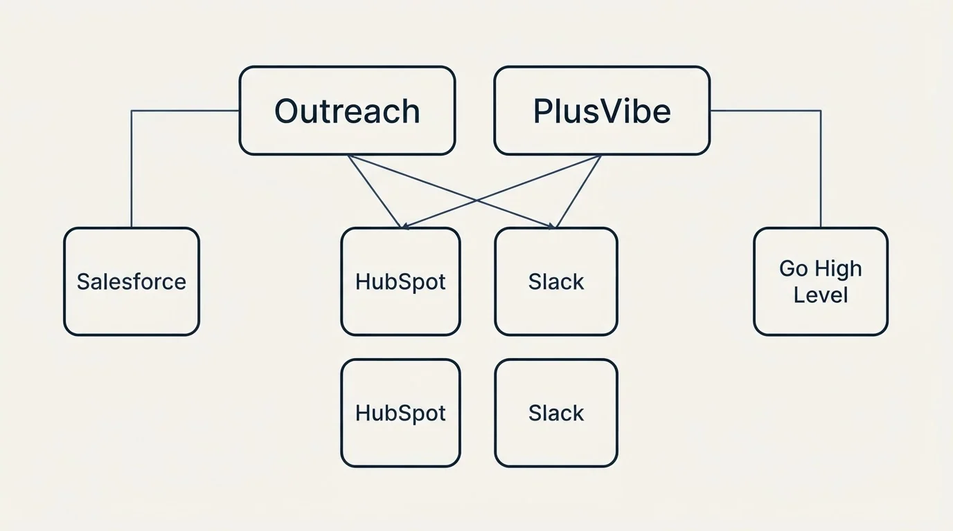 Integration grid: Integration Ecosystem (Outreach, PlusVibe, HubSpot, Slack)