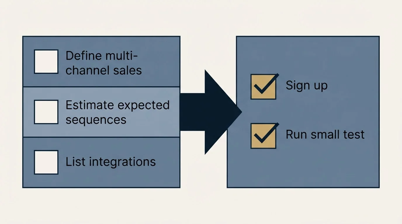 Before-and-after steps: Getting Started Checklist (Define multi-channel sales, Estimate expected sequences, List integrations, Sign up)
