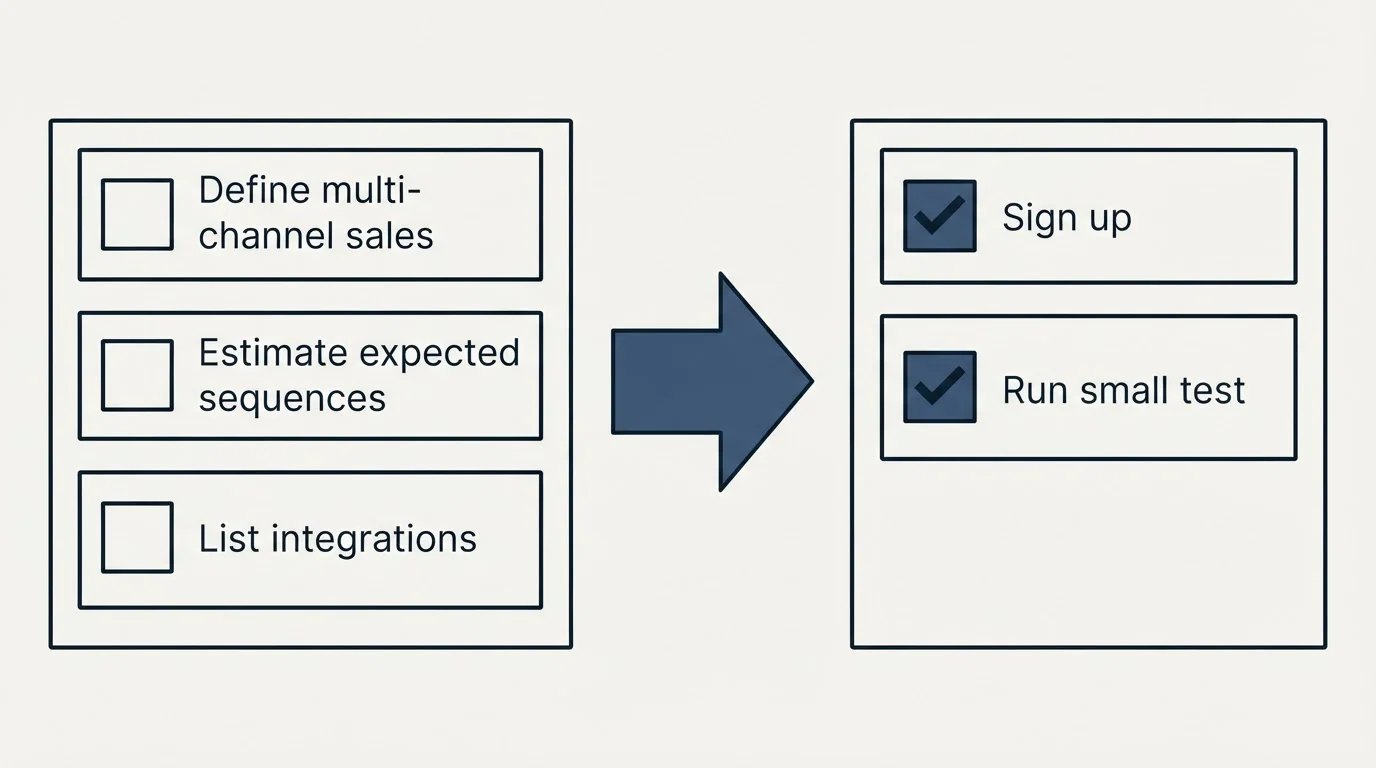 Before-and-after steps: Getting Started Checklist (Define multi-channel sales, Estimate expected sequences, List integrations, Sign up)