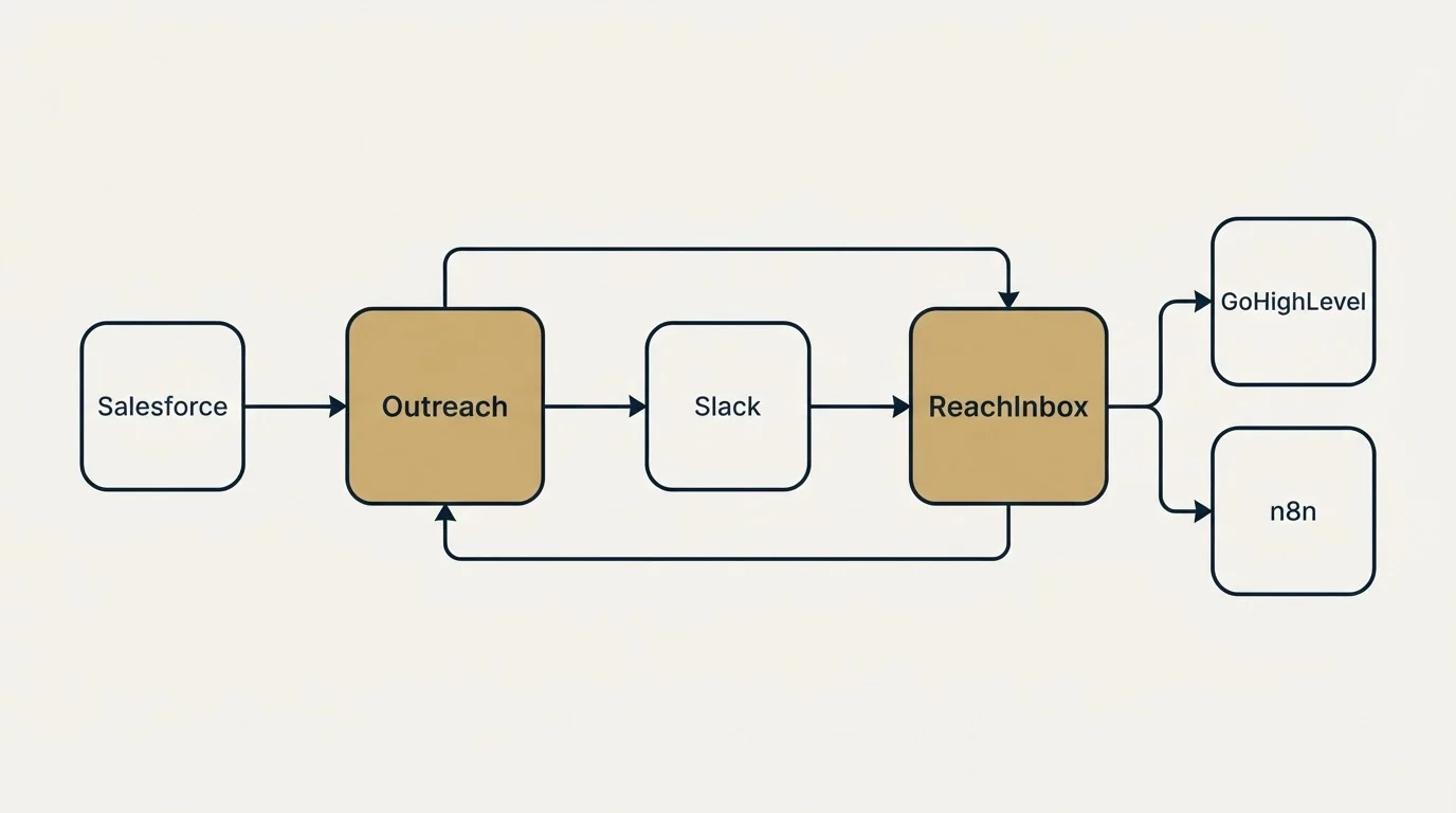 Integration schematic: Integration Ecosystem (Outreach, ReachInbox, Slack, Salesforce)