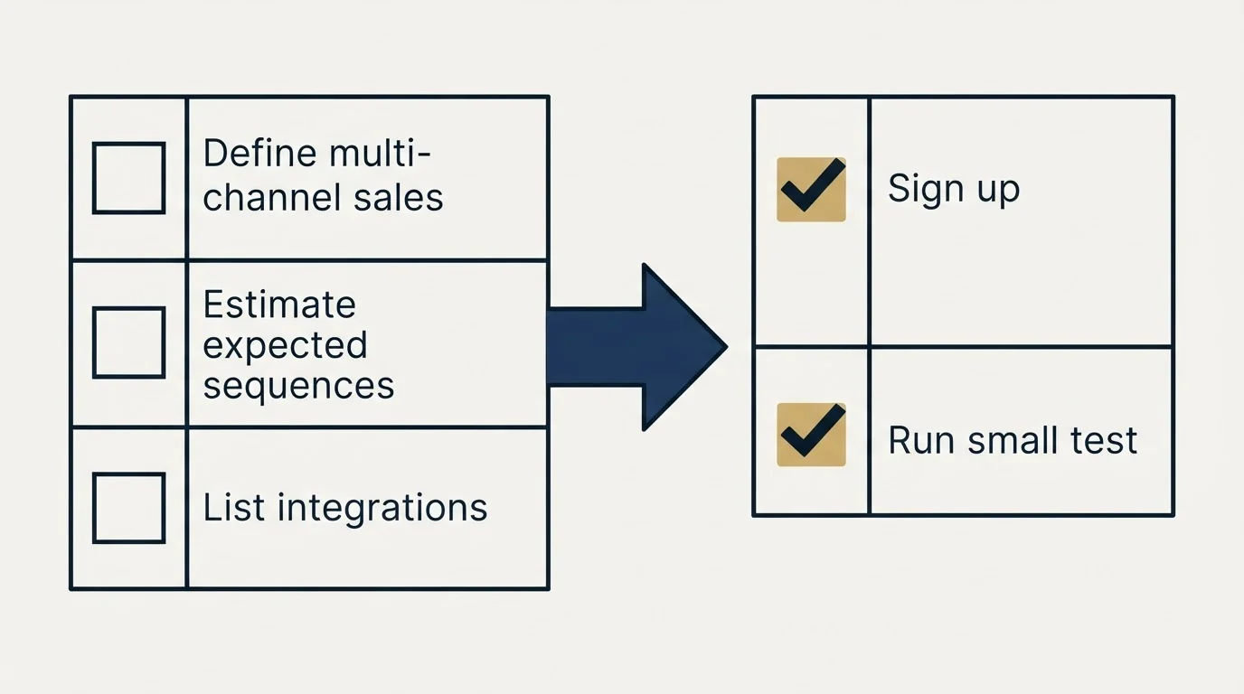 Before-and-after steps: Getting Started Checklist (Define multi-channel sales, Estimate expected sequences, List integrations, Sign up)