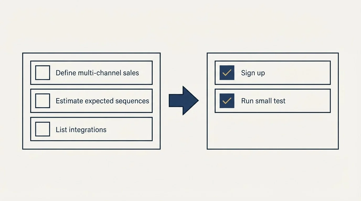Before-and-after steps: Getting Started Checklist (Define multi-channel sales, Estimate expected sequences, List integrations, Sign up)