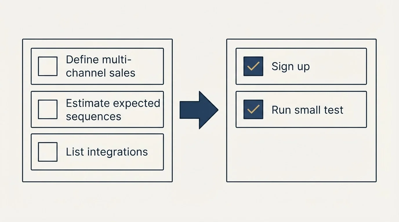 Before-and-after steps: Getting Started Checklist (Define multi-channel sales, Estimate expected sequences, List integrations, Sign up)