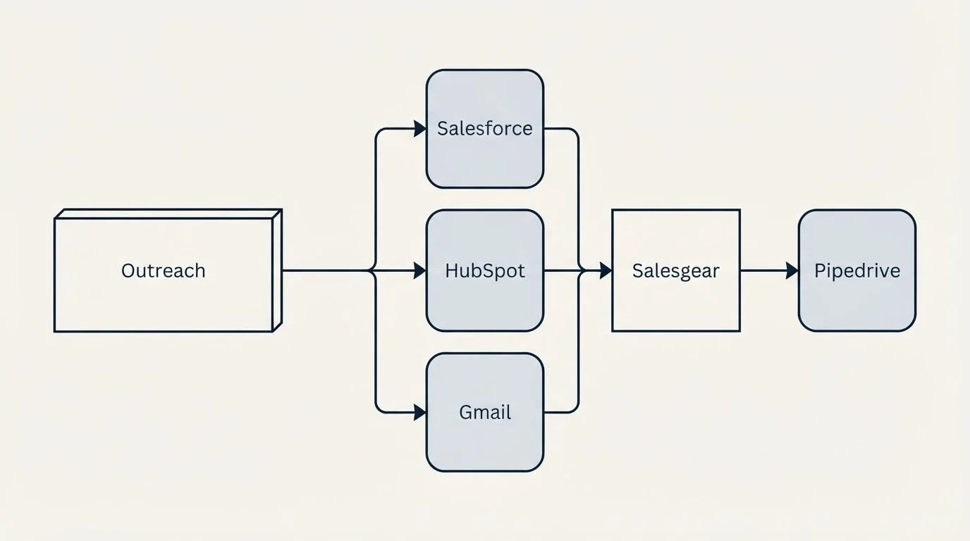 Integration flow: Integration Ecosystem (Outreach, Salesgear, Salesforce, HubSpot)