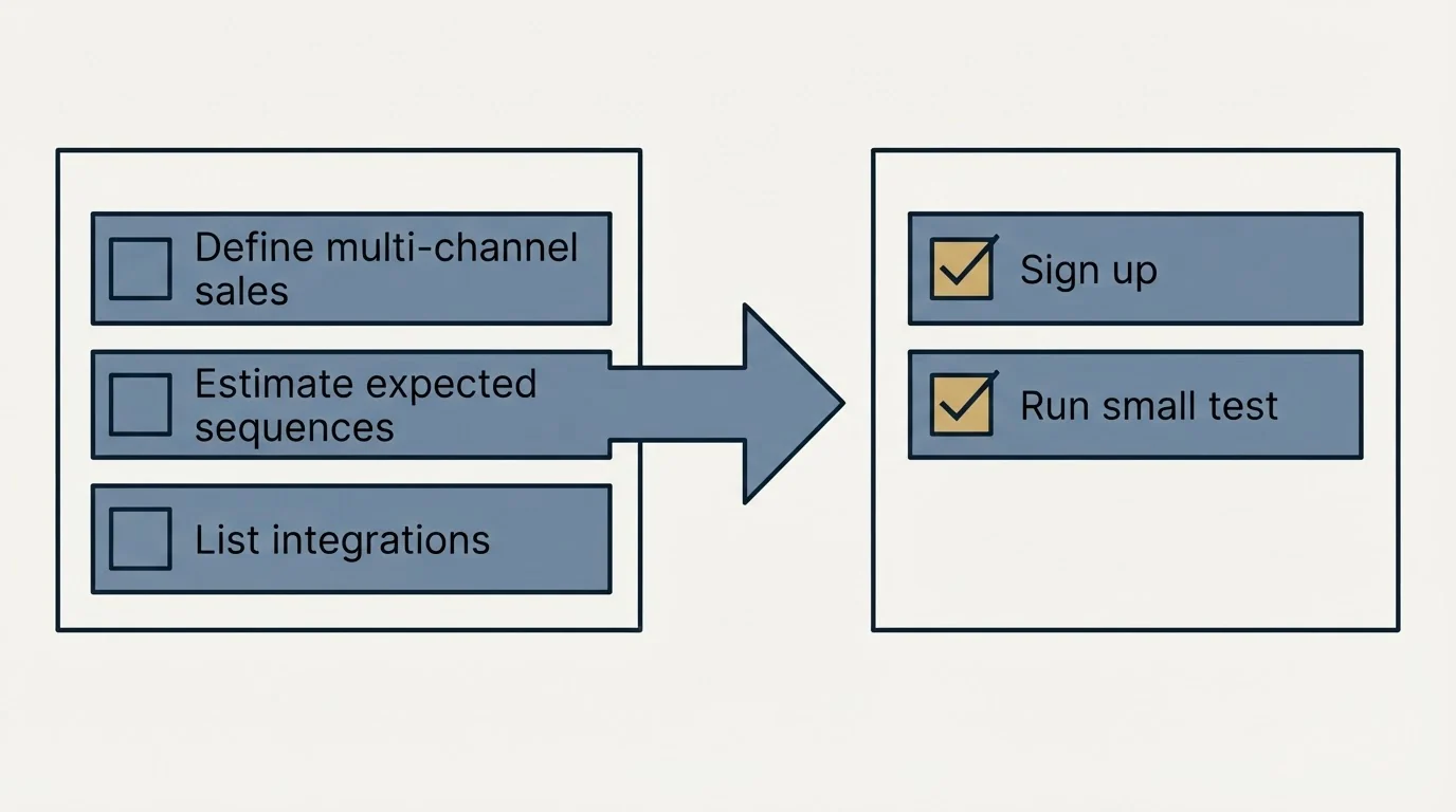 Before-and-after steps: Getting Started Checklist (Define multi-channel sales, Estimate expected sequences, List integrations, Sign up)