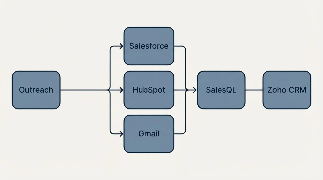 Integration flow: Integration Ecosystem (Outreach, SalesQL, Salesforce, HubSpot)