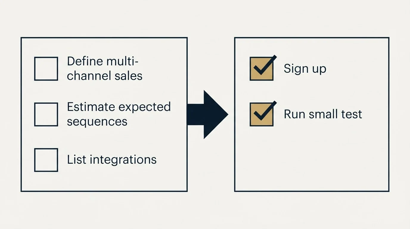 Before-and-after steps: Getting Started Checklist (Define multi-channel sales, Estimate expected sequences, List integrations, Sign up)